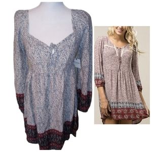 NEW Boho White Swan Paisley Blue Peasant Baby Doll Dress Puff Sleeve Size Small